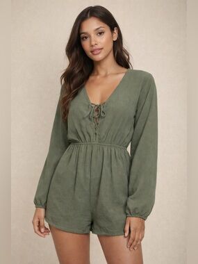 Forever 21 Olive Green Long Sleeve Romper